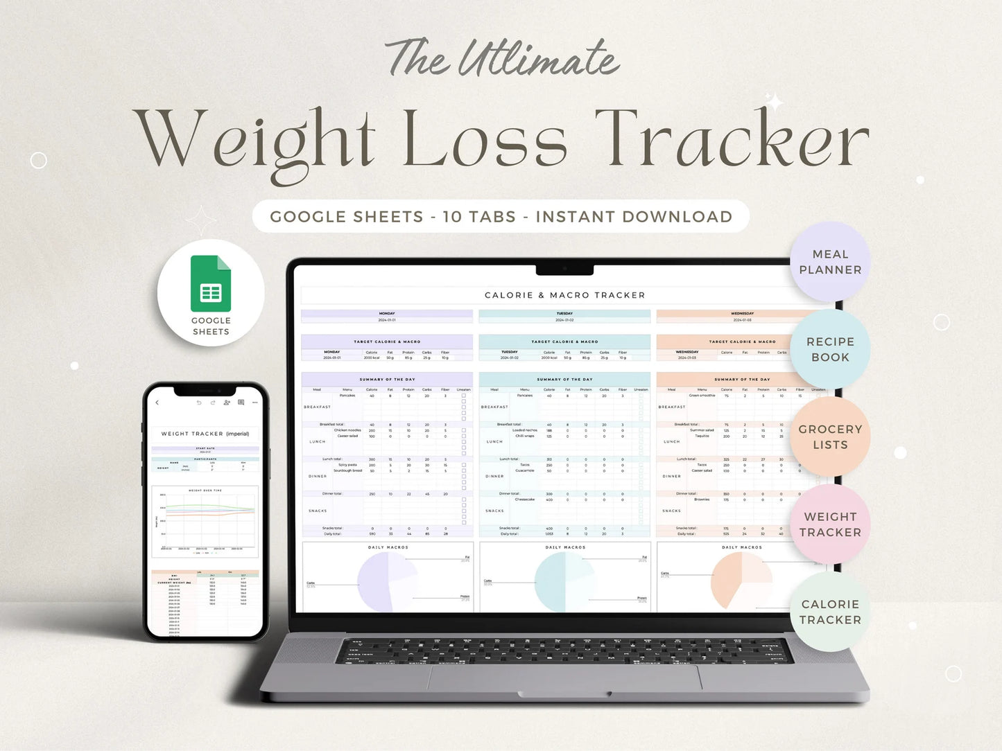 Aesthetic Weight Loss & Wellness Google Sheets Tracker| Daily Meal Planner, Calorie & Macro Log, Exercise Tracker