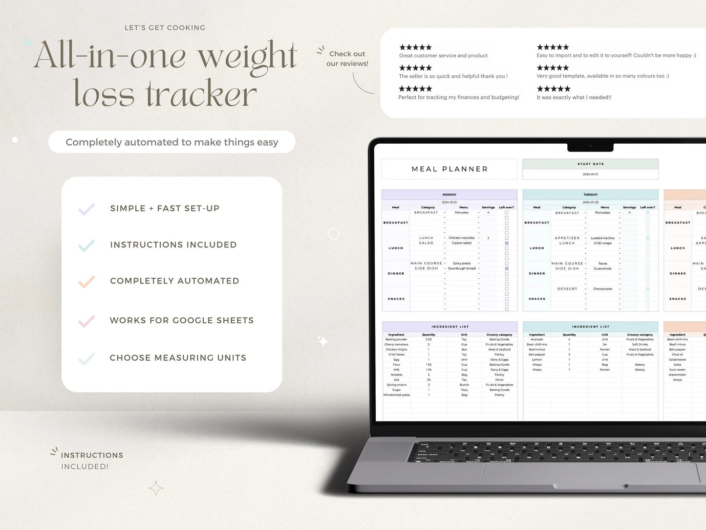 Aesthetic Weight Loss & Wellness Google Sheets Tracker| Daily Meal Planner, Calorie & Macro Log, Exercise Tracker
