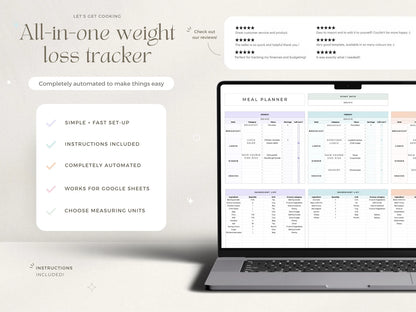 Aesthetic Weight Loss & Wellness Google Sheets Tracker| Daily Meal Planner, Calorie & Macro Log, Exercise Tracker